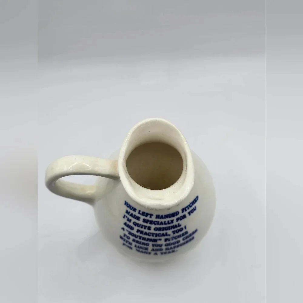 Vintage "LEFTY" Blue Floral Design 8 ounce Ceramic Pitcher 4"x4" - Picture 6 of 7